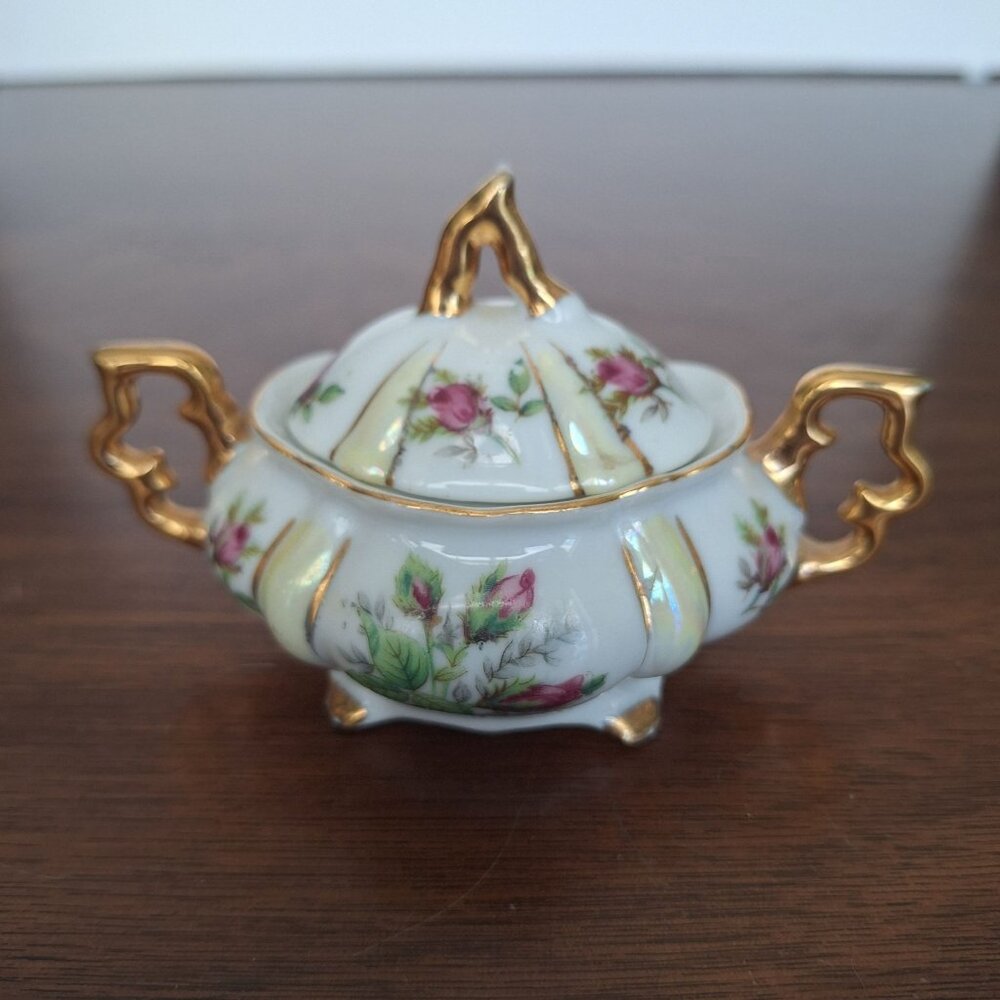 VINTAGE LEFTON CHINA LIDDED SUGAR BOWL PINK ROSE PATTERN GILDED GOLD ACCENTS